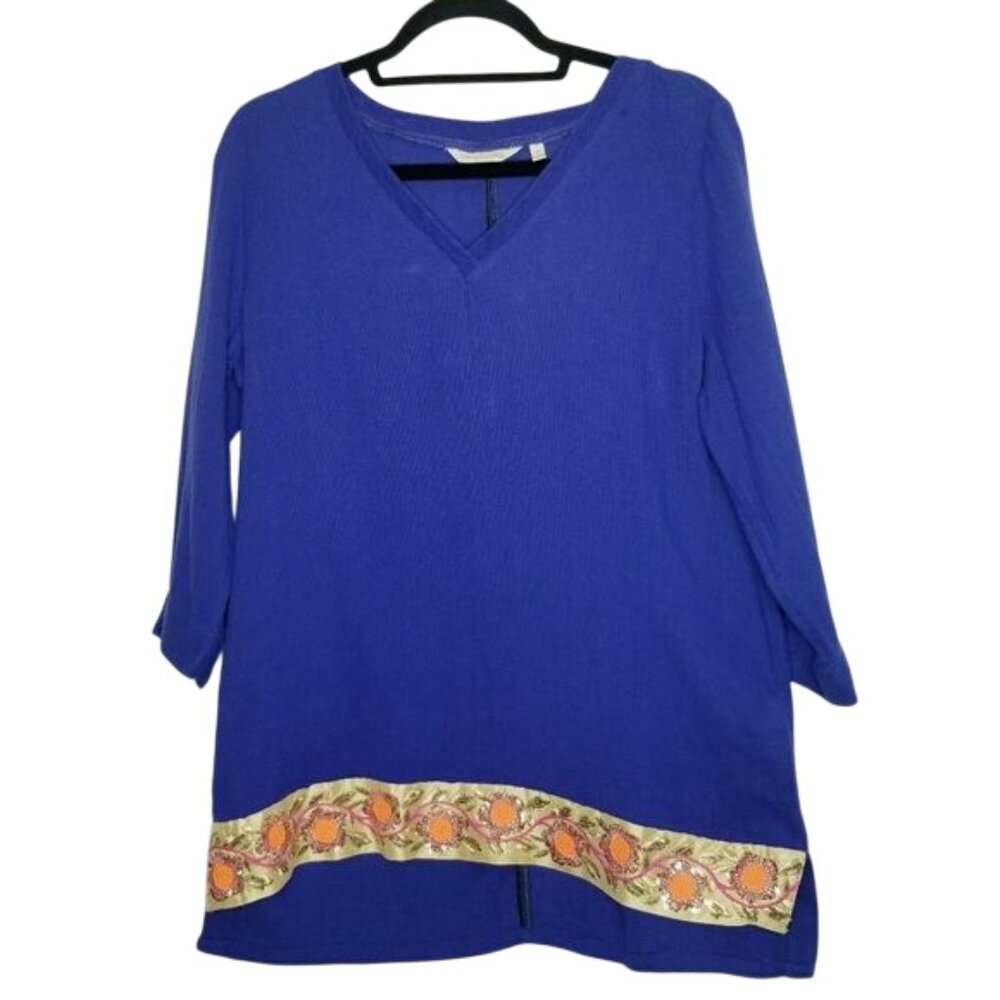 Soft Surroundings Womens Blue Tunic Embroidered Floral Hem‎ 3/4 Sleeves Boho M